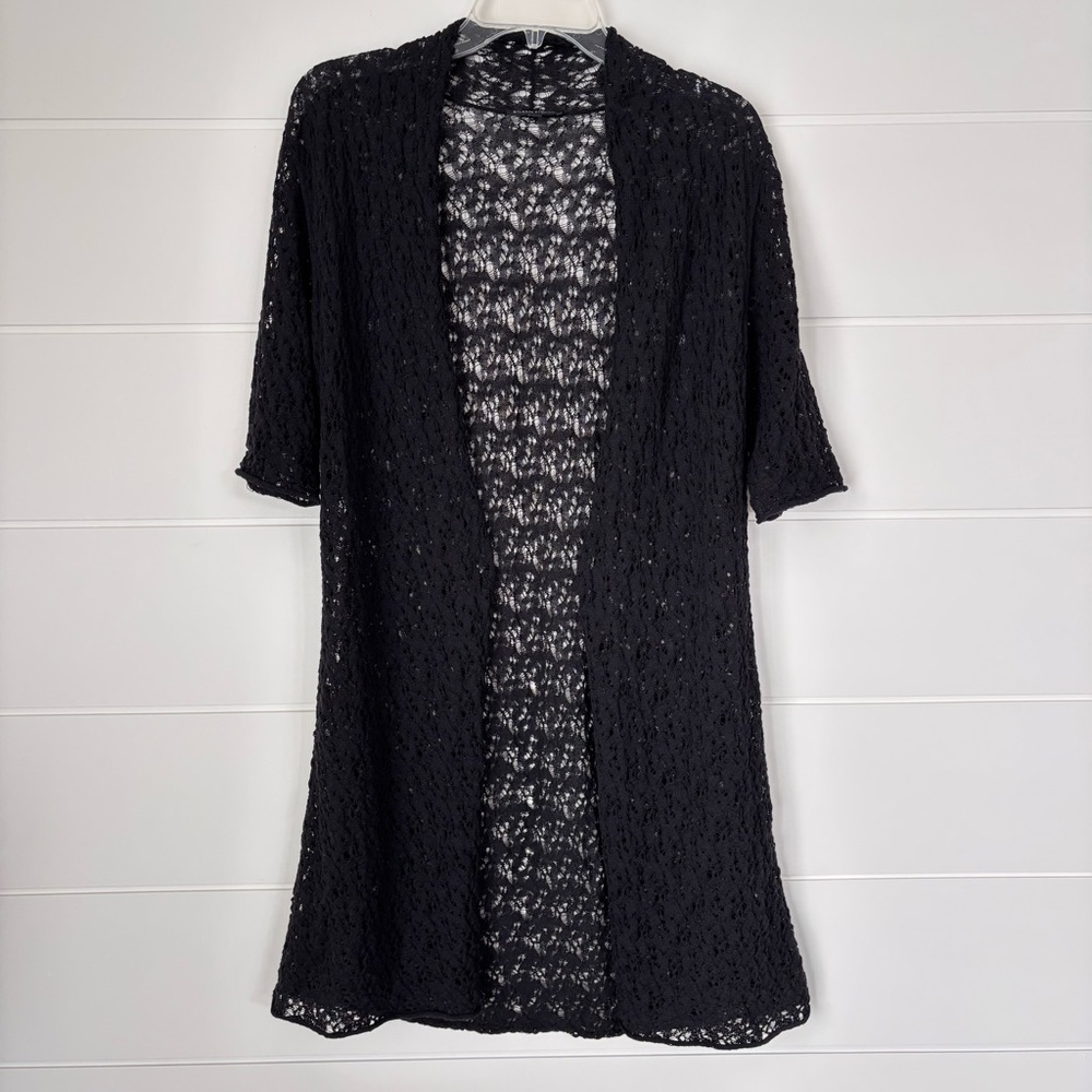 Eileen Fisher Black Washable Wool Lace Open Cardigan Top Cover-up Women's Small